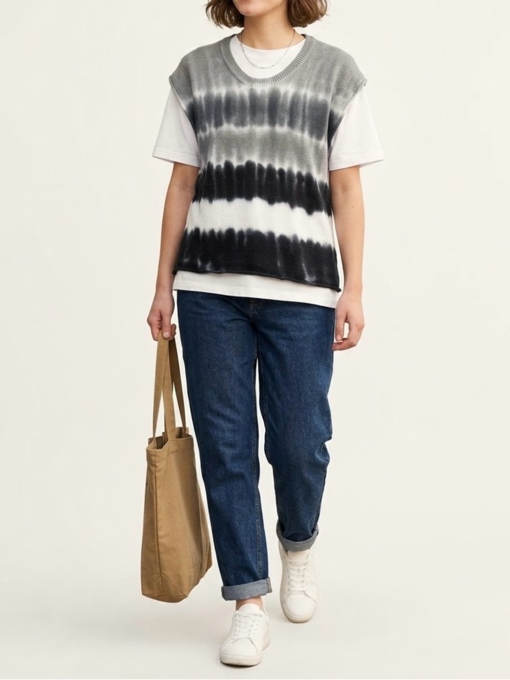 🖤 Evereve Black & Grey Tie Dye 100% Cotton Knit Cap Sleeve Sweater Vest Top M